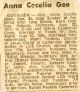 Anna Cecelia Gee (1878-1962) Obituary